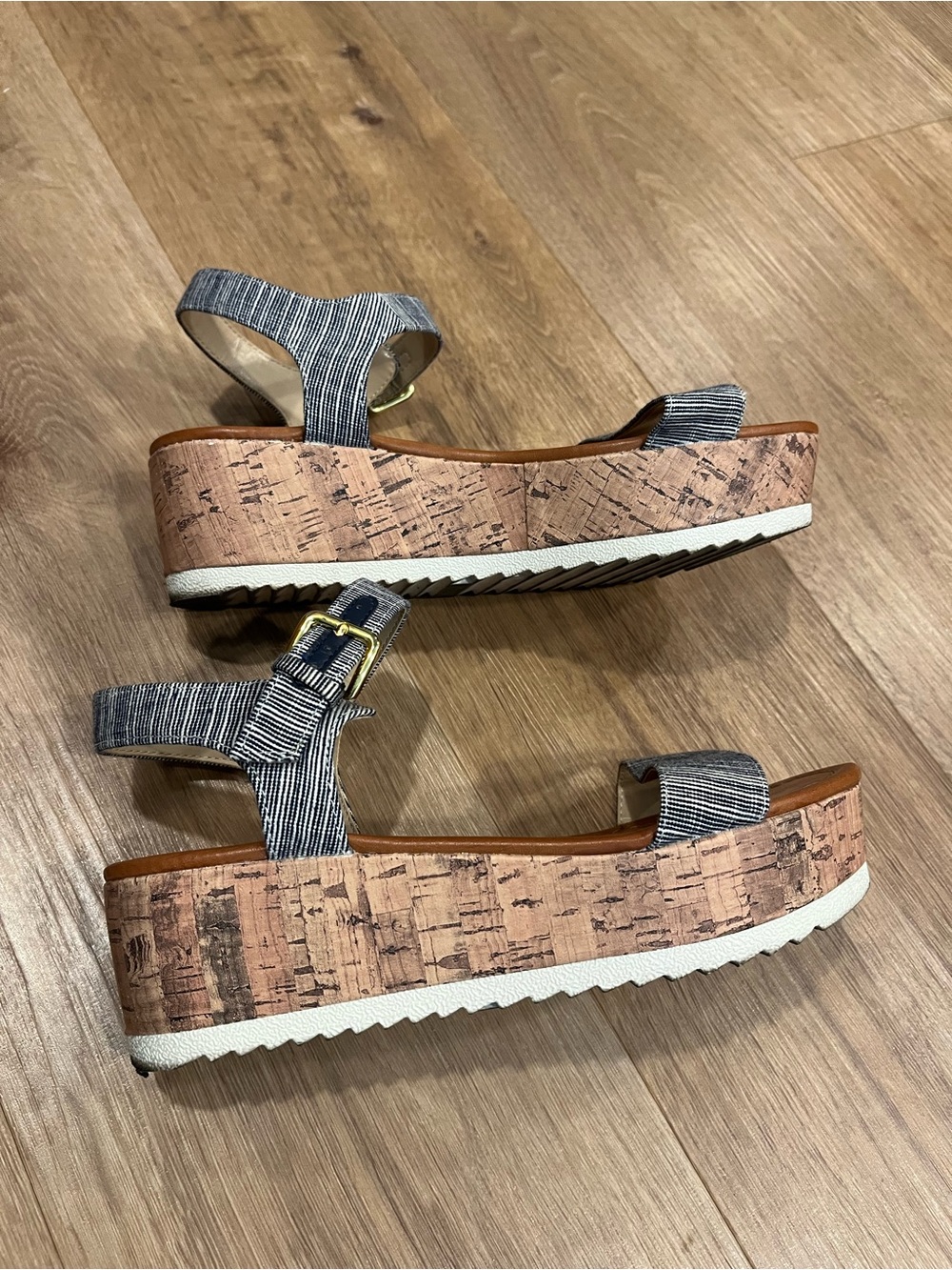 Unisa Gray Striped Platform Sandals with Cork Wedge - Picture 2 of 6